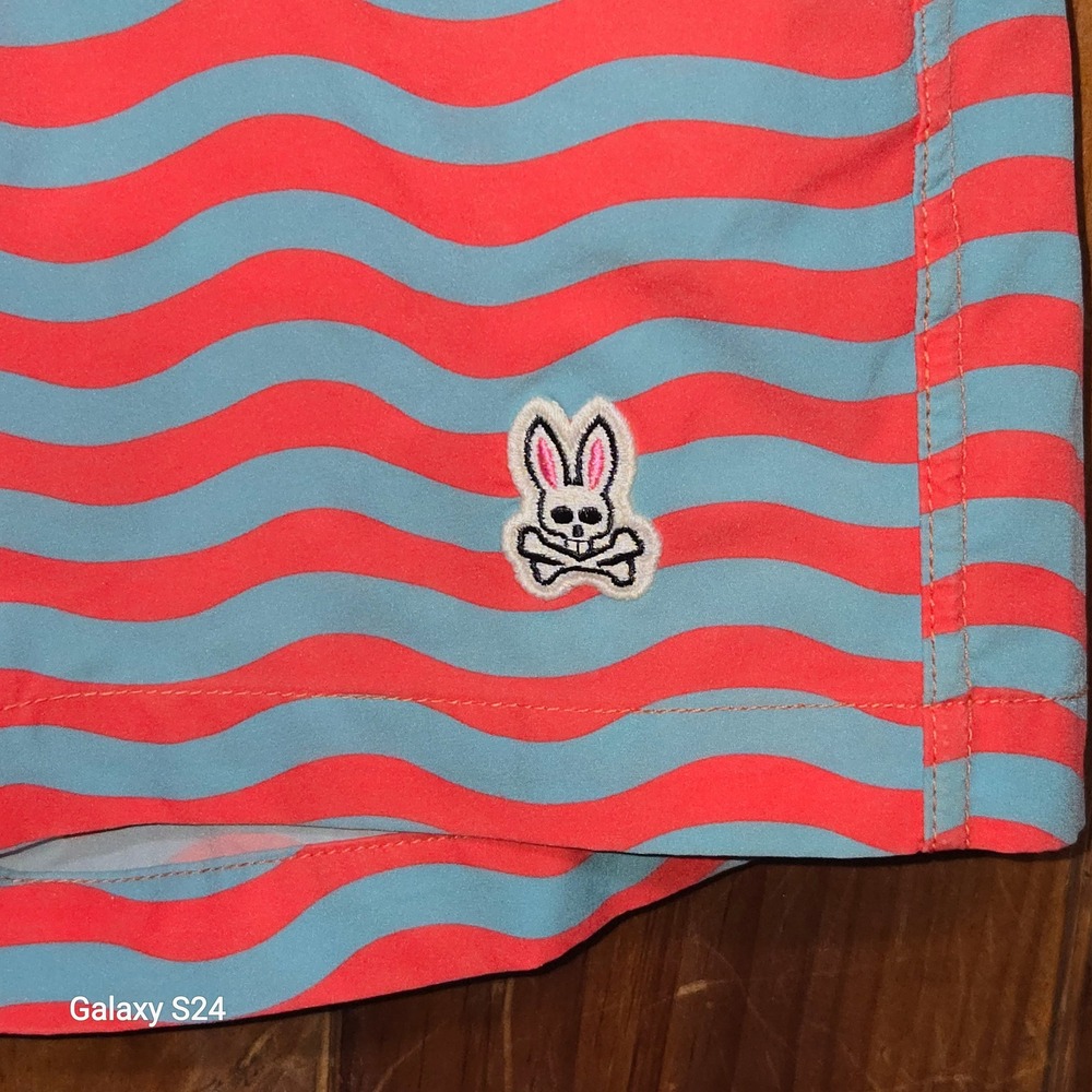 Psycho Bunny Mens Swim Trunks Coral Blue Wavy Stripe Mesh Lined Shorts‎ Size S